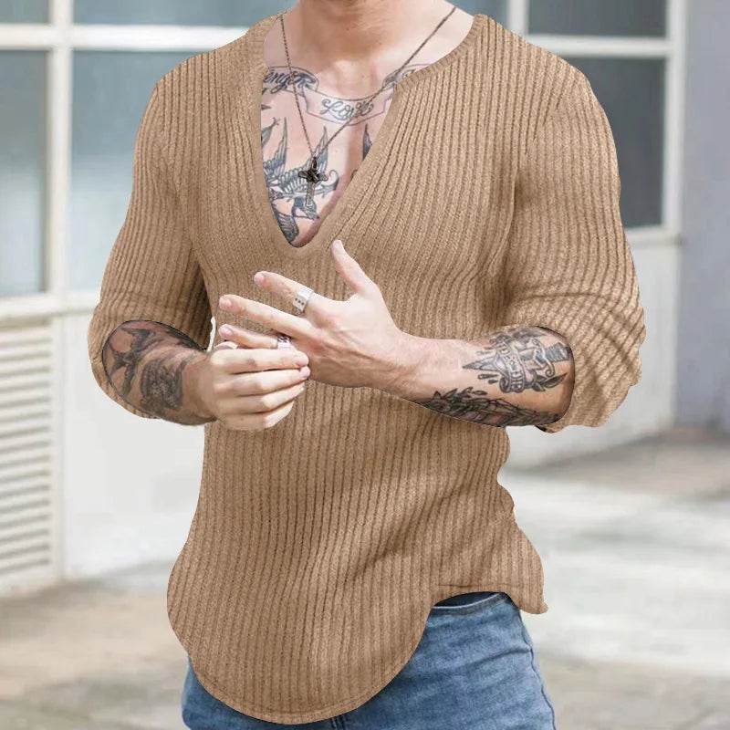 Men's V-Neck Casual Sweater - Autumn Winter Solid Color Knitted Pullover - Buy Center