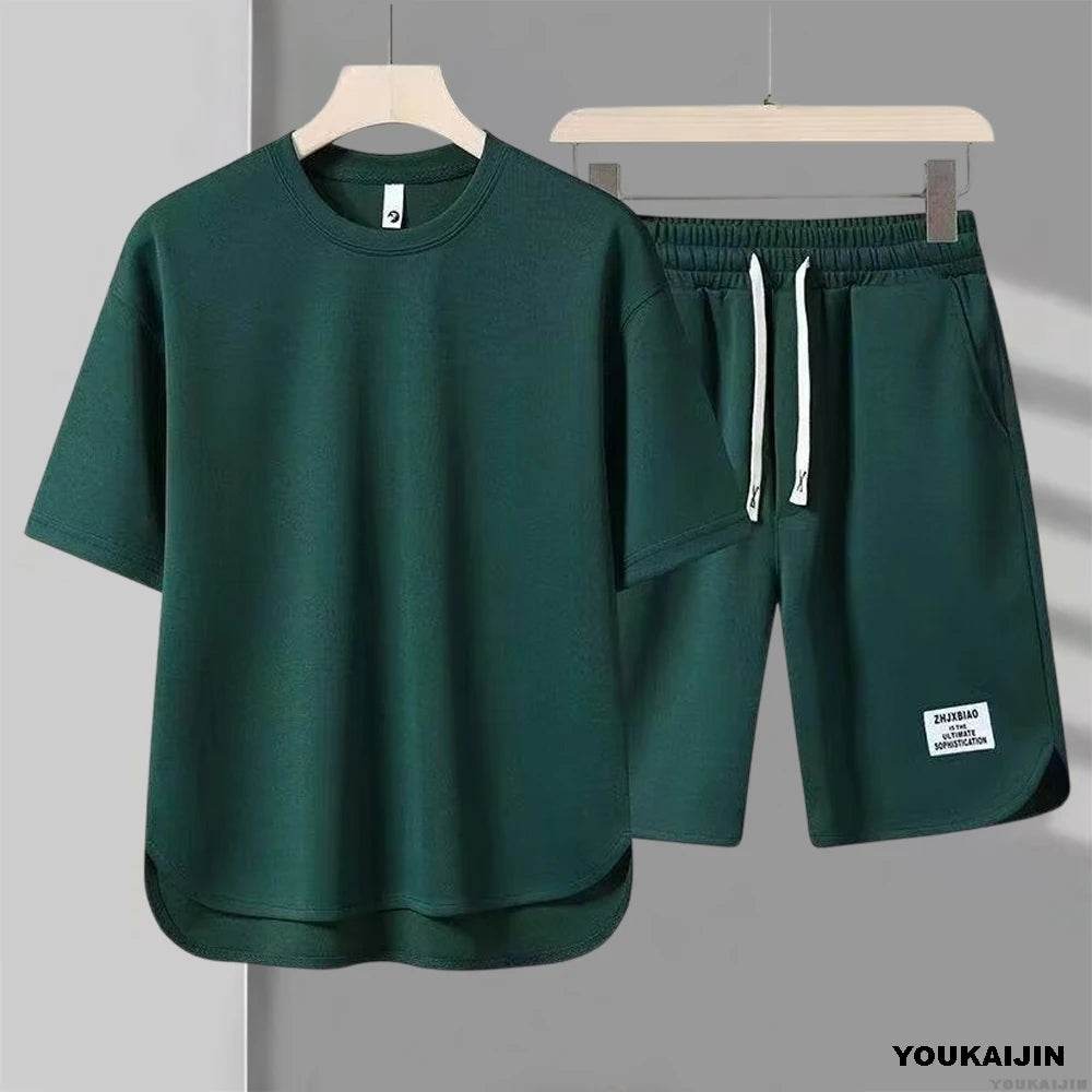YOUKAIJIN Men's Summer Casual Suit - Waffle T-shirt & Shorts Set - Buy Center