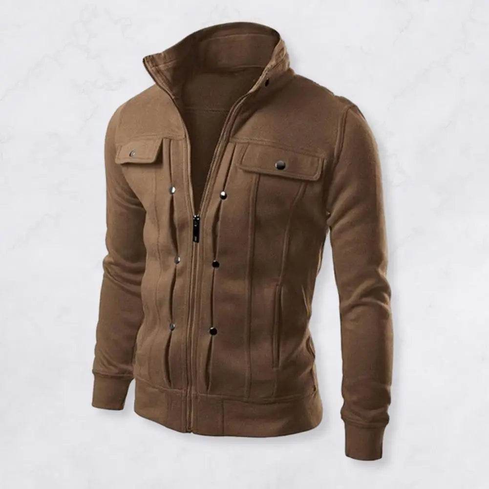 Men's Solid Color Stand Collar Jacket - Casual Zipper Closure Outerwear - Buy Center