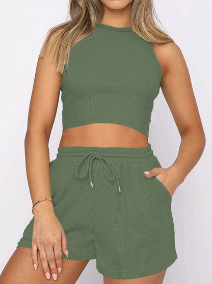 Women's 2024 Summer Sleeveless Waffle Two-Piece Set - Casual & Elegant - Buy Center