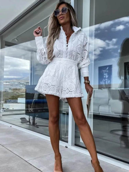 Elegant Vintage White Lace Shirt & Shorts Set for Women - Spring/Summer - Buy Center