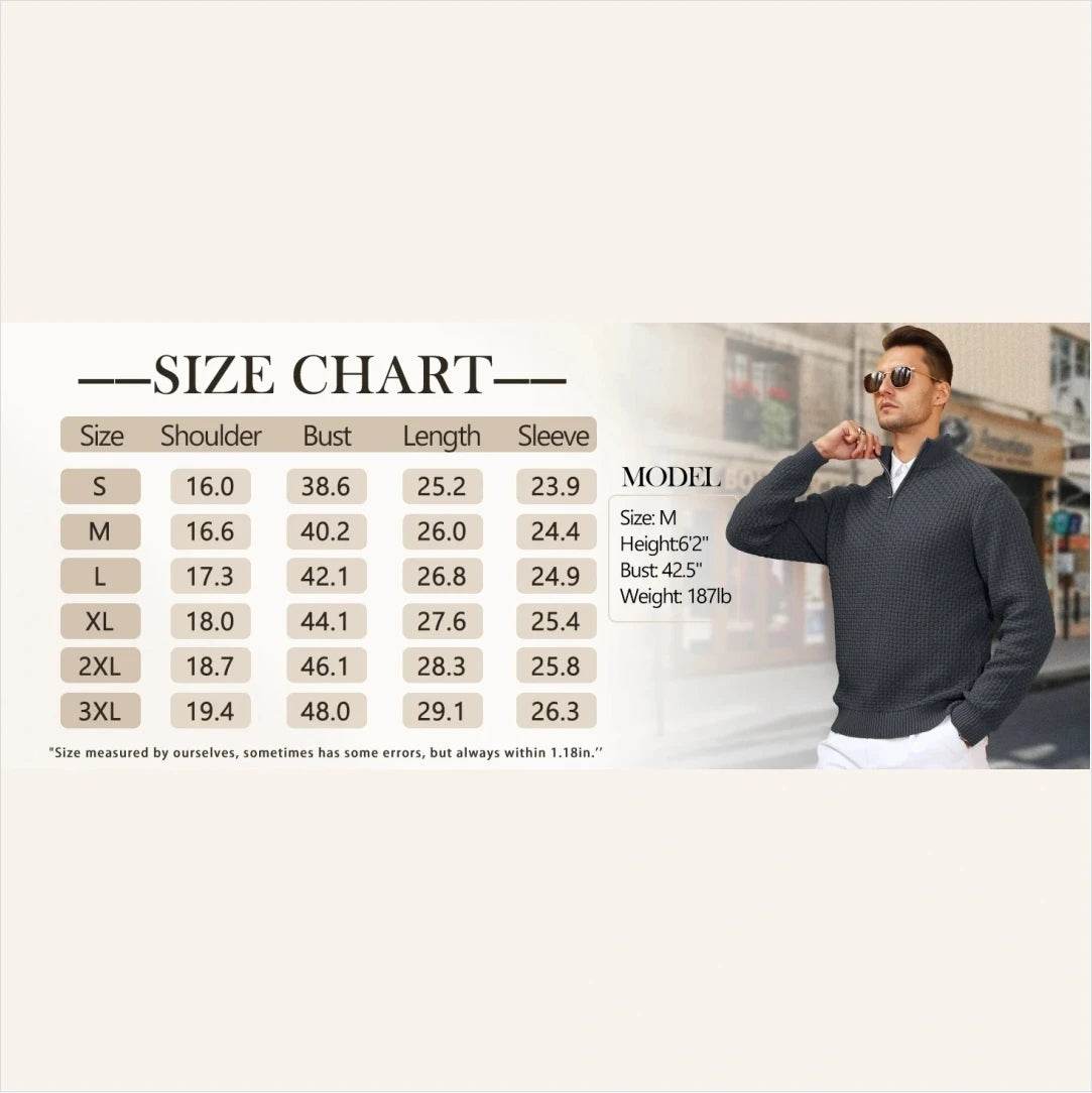 Slavinson Men's Sweater Winter Warm Zip Up Pullover Waffle Knit Mock Neck Turtleneck Soft Long Sleeve Top US Size - Buy Center