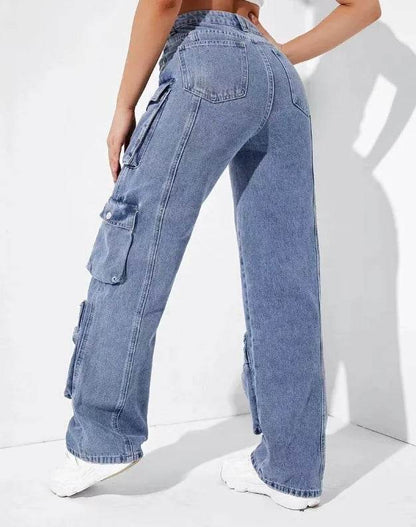 Trendy Women's High Waist Cargo Jeans - Distressed Denim Streetwear - Buy Center