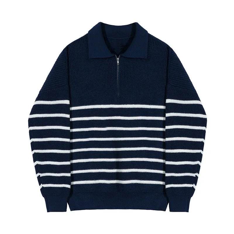 Autumn Korean Men's Light Style Lapel Long Sleeve Sweater Fashion High-end Loose Retro Casual Half Zip Striped Sweater Top - Buy Center
