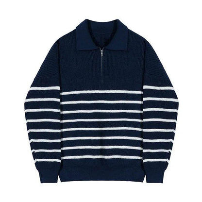 Autumn Korean Men's Light Style Lapel Long Sleeve Sweater Fashion High-end Loose Retro Casual Half Zip Striped Sweater Top - Buy Center