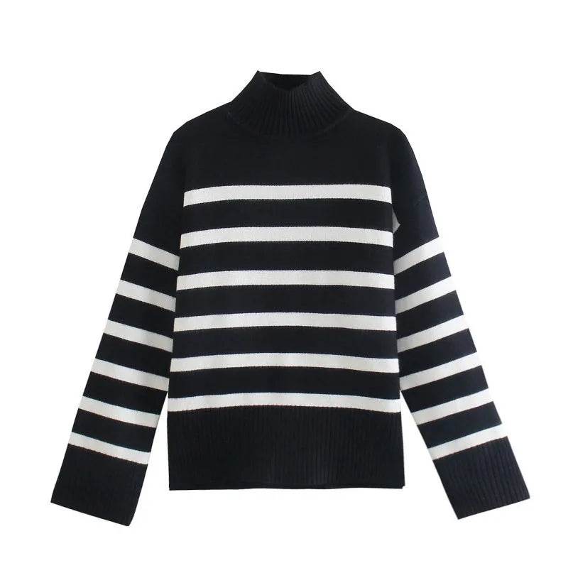 Jadoutin Women's Black and White Striped Turtleneck Sweater - Casual & Loose - Buy Center