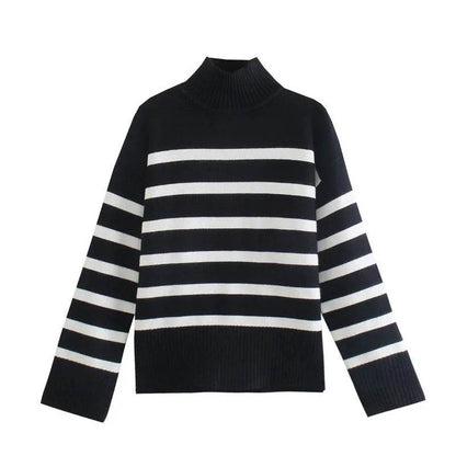 Jadoutin Women's Black and White Striped Turtleneck Sweater - Casual & Loose - Buy Center