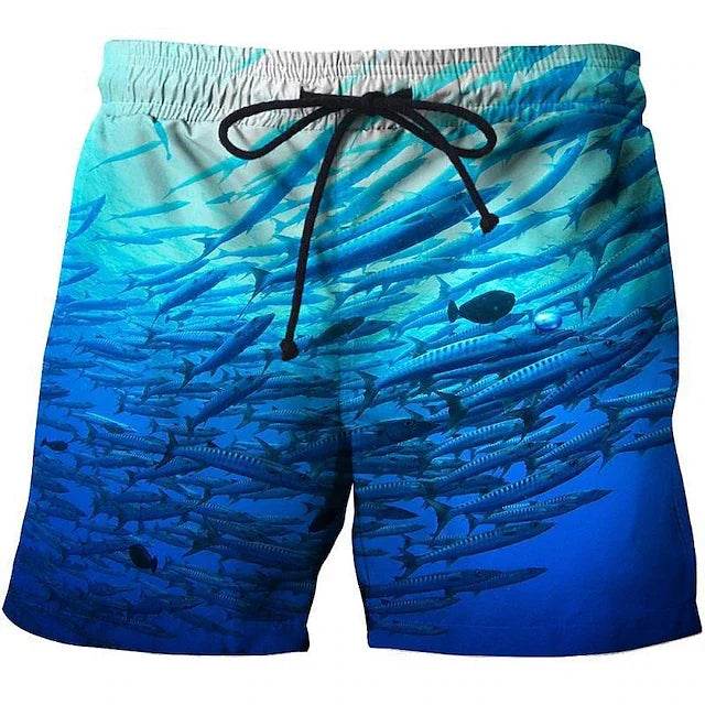 Men's Vintage 3D Fishing Print Swim Trunks - Quick Dry Beach Shorts - Buy Center