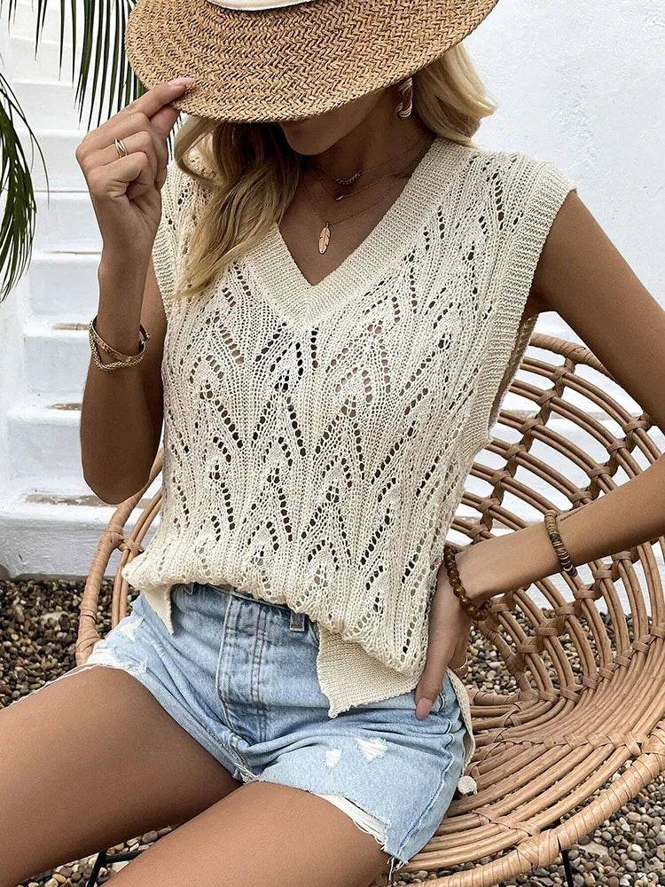 Elegant Women's V-Neck Loose Knit Sweater - Hollow Out Design - Buy Center