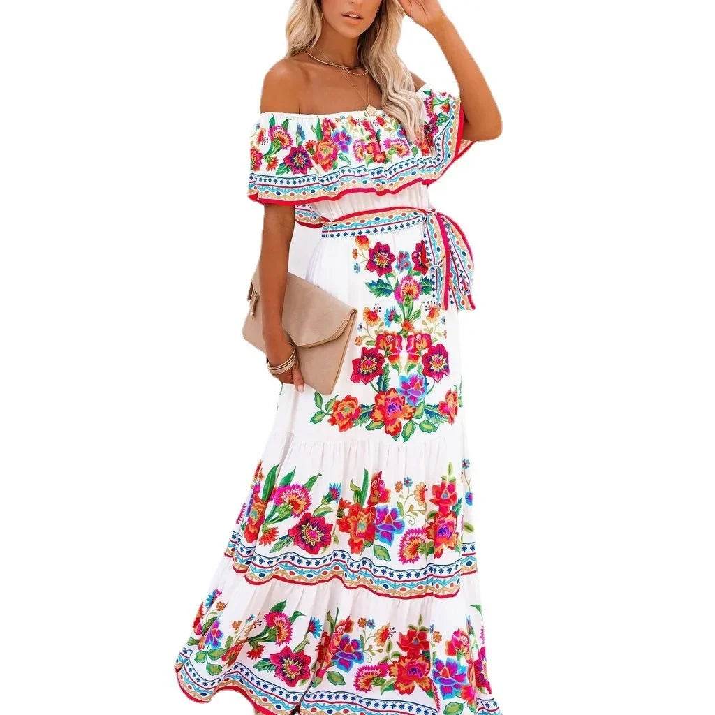 2024 Spring Summer Off-shoulder Red Floral Dress - Loose Fit Style - Buy Center