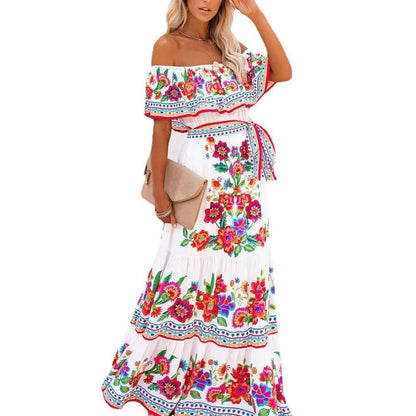 2024 Spring Summer Off-shoulder Red Floral Dress - Loose Fit Style - Buy Center