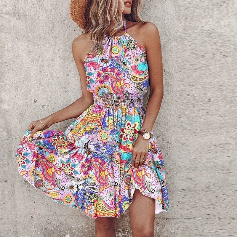 Summer Floral Mini Dress for Women - Casual Halter Beach Look - Buy Center