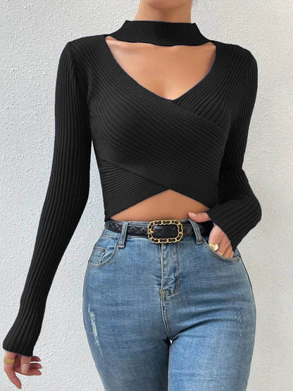 Women's Long Sleeve Choker Neck Crop Top - Casual Autumn Fashion - Buy Center