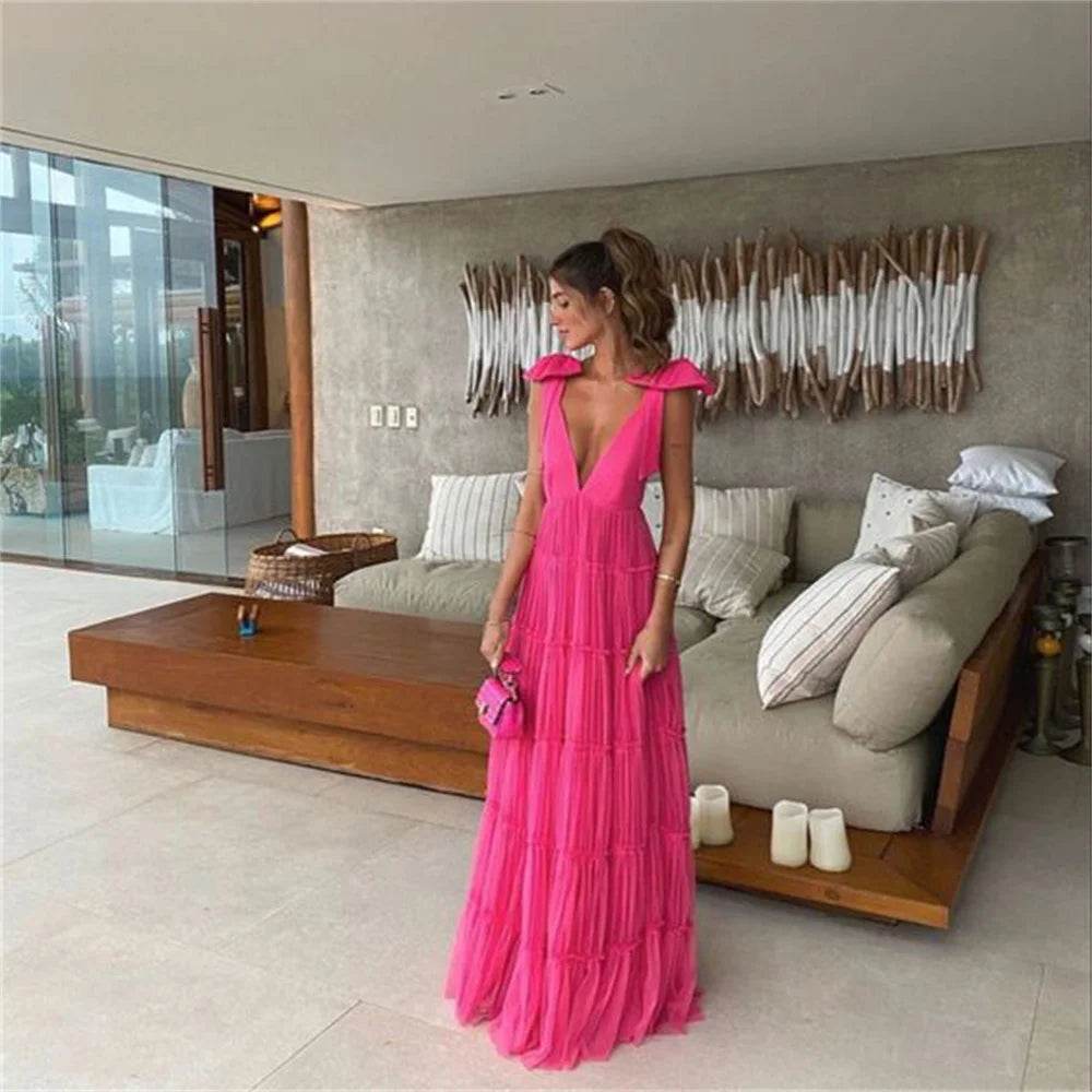 Chic Pink Spaghetti Strap Evening Dress - Deep V Neck Gown - Buy Center