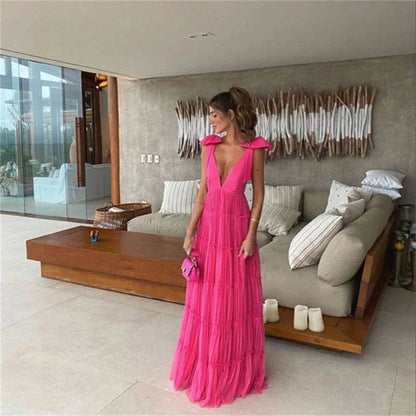 Chic Pink Spaghetti Strap Evening Dress - Deep V Neck Gown - Buy Center