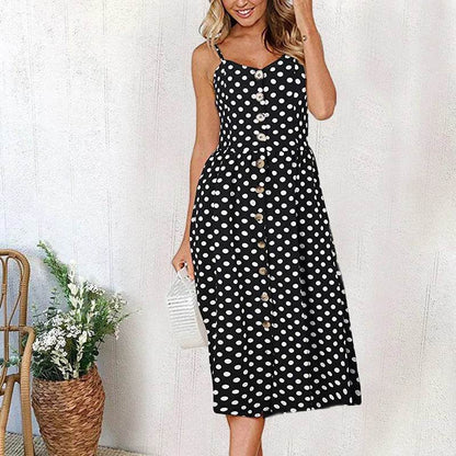 Women's Beach Print Midi Dress - Spaghetti Strap V-Neck Style - Buy Center