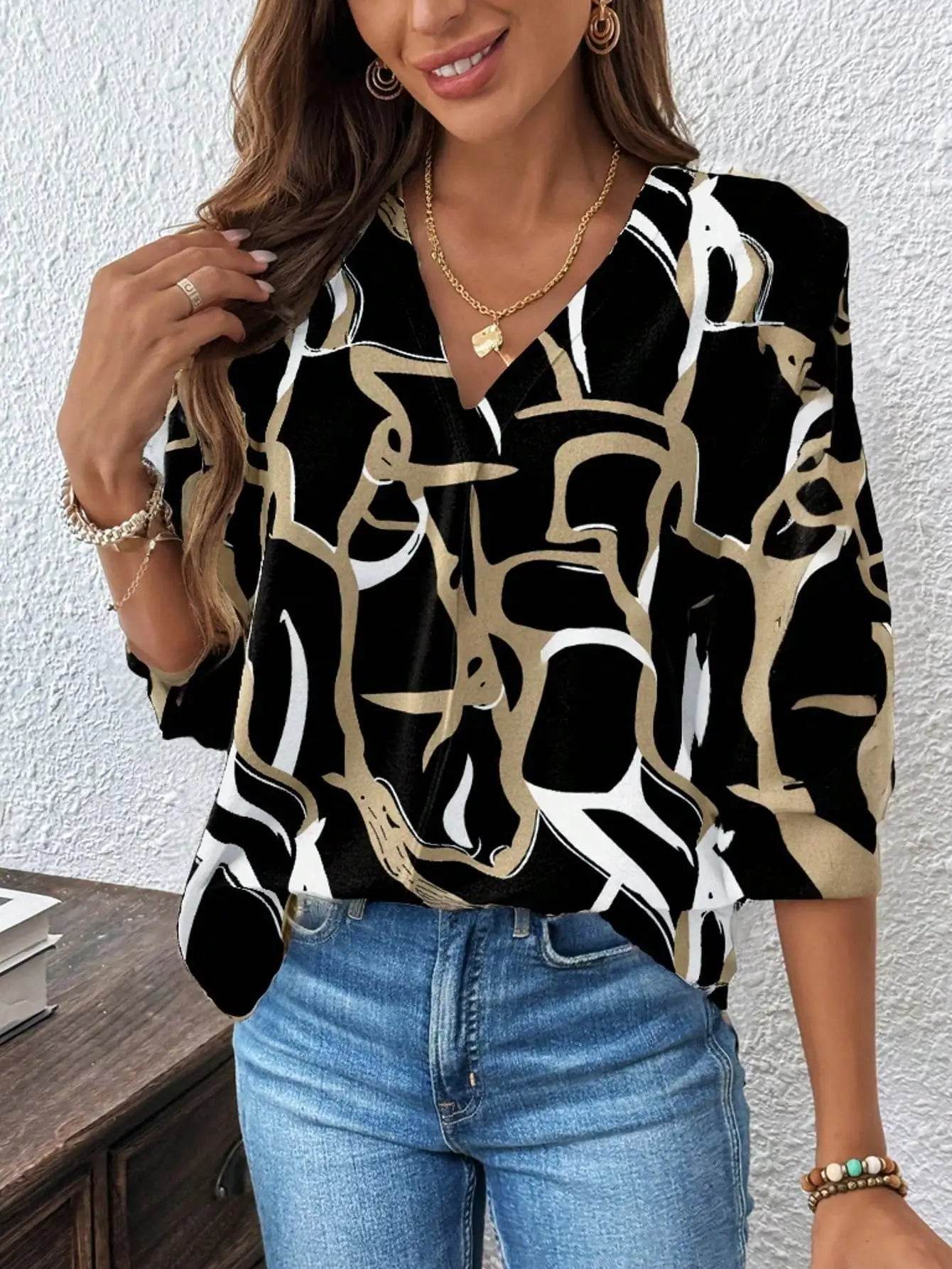 Elegant Women's V Neck Blouse - Spring/Summer Casual Print Top - Buy Center