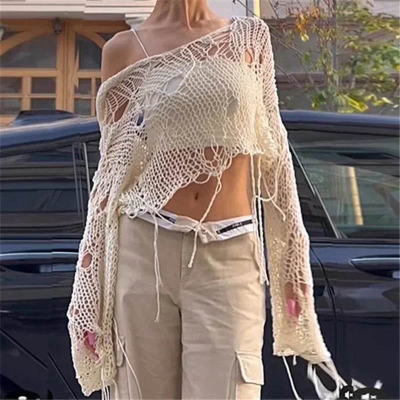 Chic Hollow Out Knit Sweater - Women's Grunge Slash Neck Pullover - Buy Center