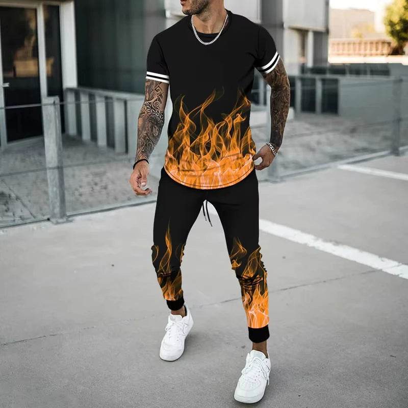 Flame 3D Printed Casual Summer Set - Short Sleeve T-Shirt & Pants - Buy Center