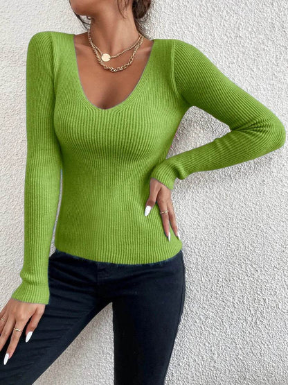 Cropped Top Lady Women’s V-Neck Striped Rib Knit Pullover Sweater - Buy Center