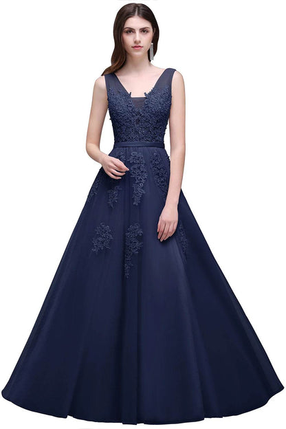 Elegant A-Line V-Neck Tulle Dress - Sleeveless Prom Gown for Women - Buy Center