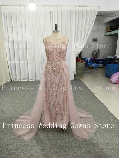 Customized Dubai Luxury Pink Tulle Wedding Dress - Sleeveless, Sequin Design - Buy Center