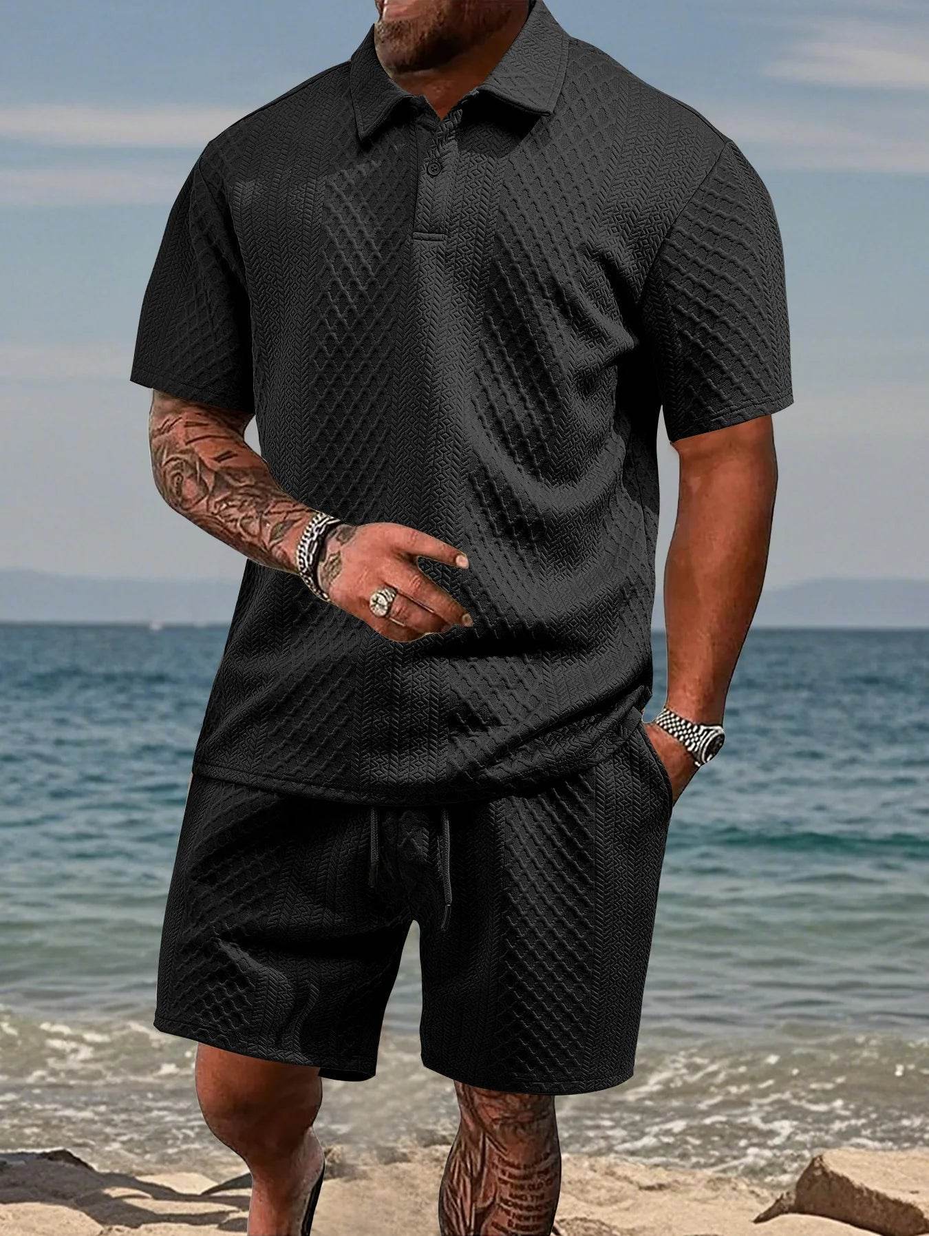Men's Casual Summer Polo Shirt Set - Short Sleeve Jacquard Texture - Buy Center