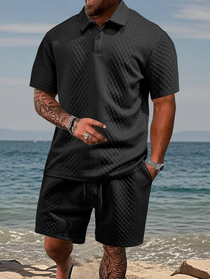 Men's Casual Summer Polo Shirt Set - Short Sleeve Jacquard Texture - Buy Center