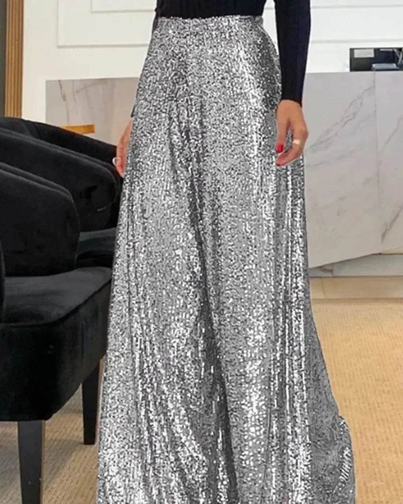 Elegant Sequin High Waist Wide Leg Pants for Women - Casual Style - Buy Center