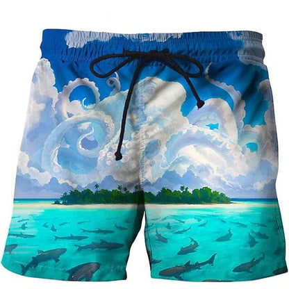 Men's Vintage 3D Fishing Print Swim Trunks - Quick Dry Beach Shorts - Buy Center