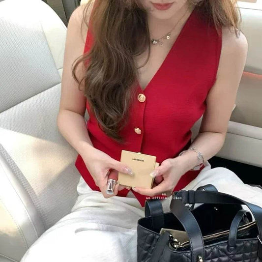 Fictitni Women's Gold Button Front Vest - Chic Spring Summer Style - Buy Center