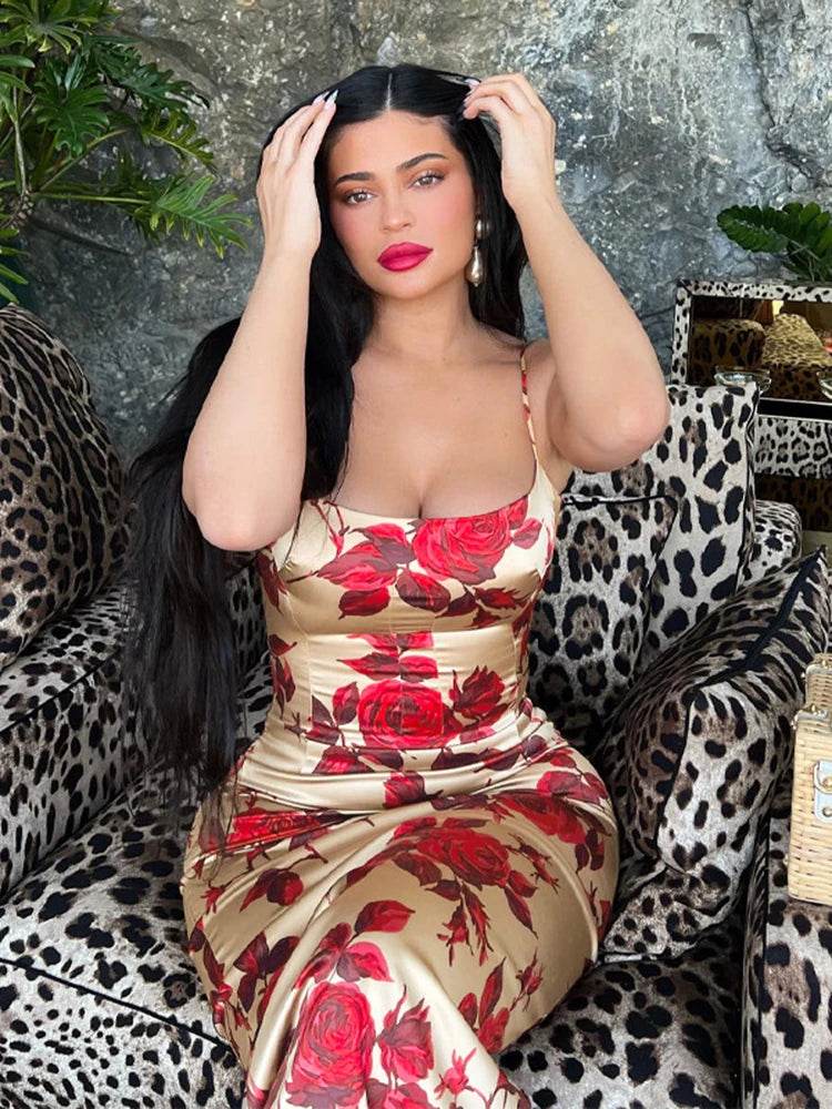 Hugcita Summer Y2K Floral Print Bodycon Midi Dress for Women - Buy Center