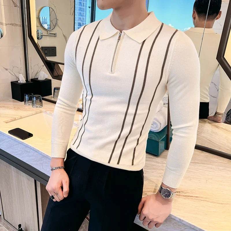 2024 Autumn Winter New Striped Sweater For Men Fashion Zipper Flip Collar Knitted Polo Shirt Men's Long Sleeve Slim Casual Pull - Buy Center