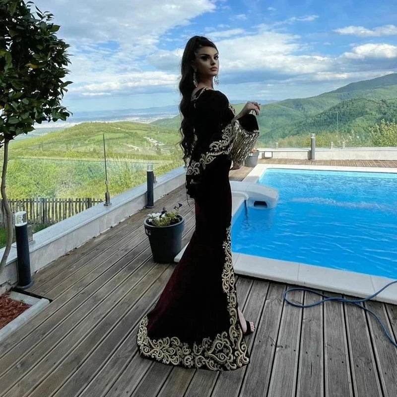 Gendriergarcia Burgundy Mermaid Caftan Dress - Appliques & Long Sleeves - Buy Center