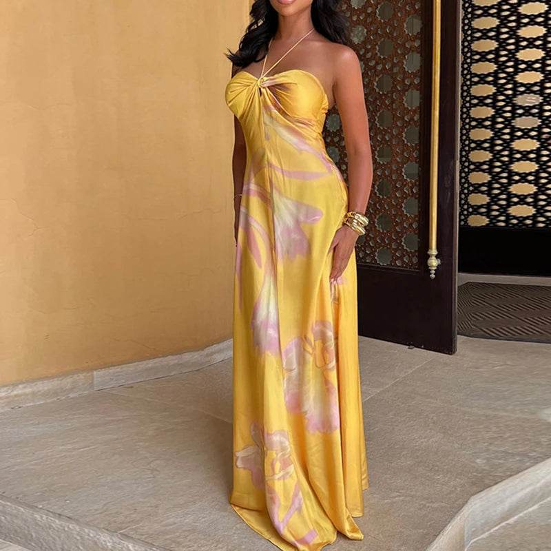 ELSVIO Women's Yellow Printed Halter Dress - Sexy Summer A-Line Style - Buy Center