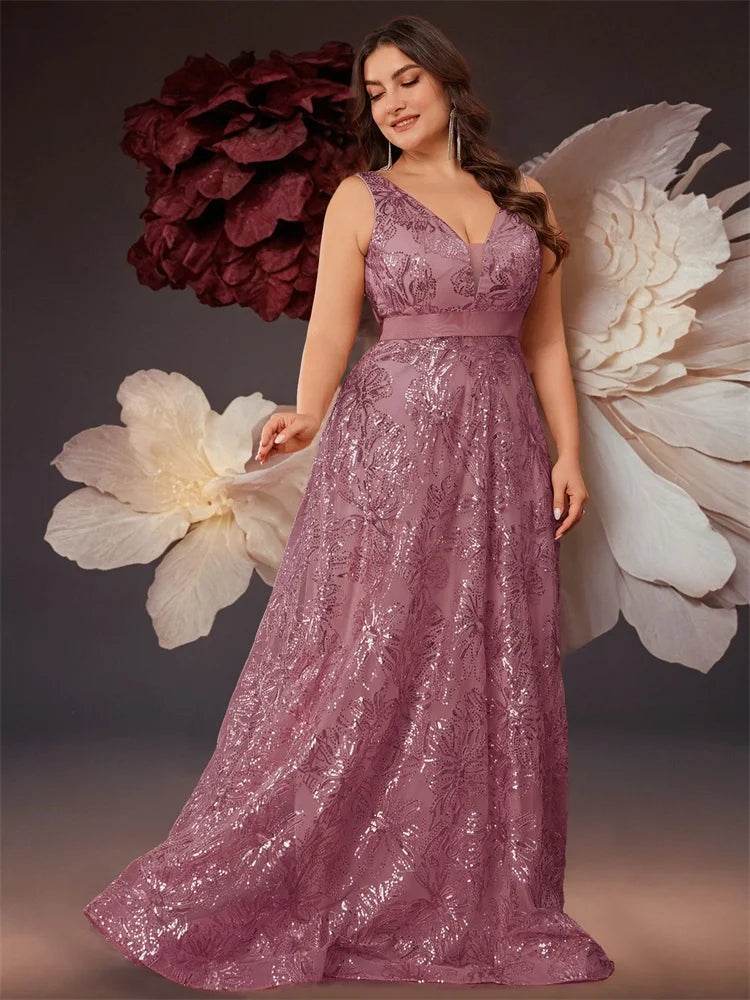 Elegant Plus Size Deep V-Neck Sequins Evening Dress - Lucy in Love - Buy Center