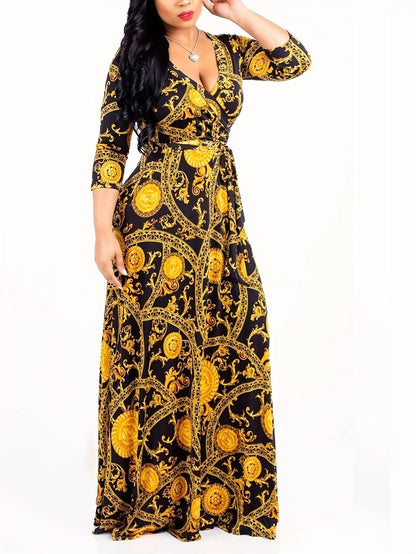 Women’s Bodycon Beach Maxi Dress - Floral Print, V-Neck, 3/4 Sleeve - Buy Center