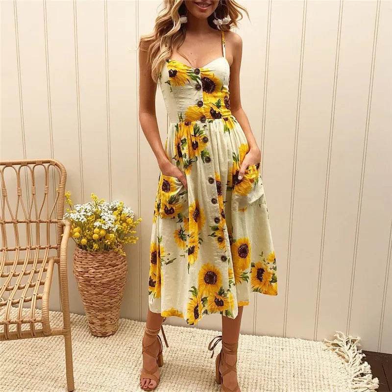 Women's Beach Print Midi Dress - Spaghetti Strap V-Neck Style - Buy Center