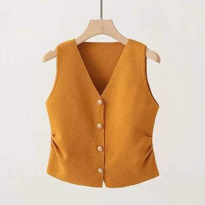 Fictitni Women's Gold Button Front Vest - Chic Spring Summer Style - Buy Center
