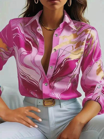 Women's Casual Print V-Neck Button Shirt - Loose Sleeve Blouse - Buy Center
