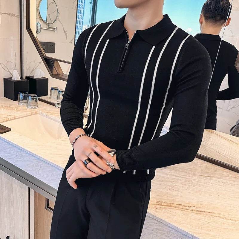 2024 Autumn Winter New Striped Sweater For Men Fashion Zipper Flip Collar Knitted Polo Shirt Men's Long Sleeve Slim Casual Pull - Buy Center