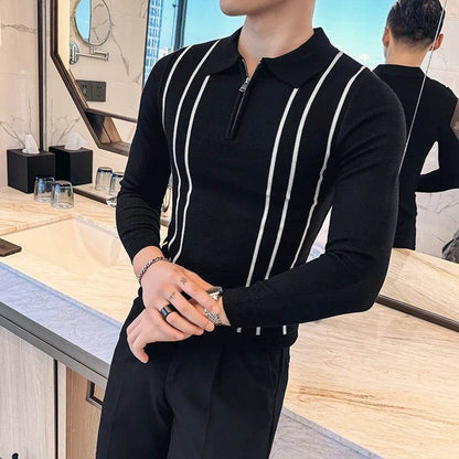2024 Autumn Winter New Striped Sweater For Men Fashion Zipper Flip Collar Knitted Polo Shirt Men's Long Sleeve Slim Casual Pull - Buy Center