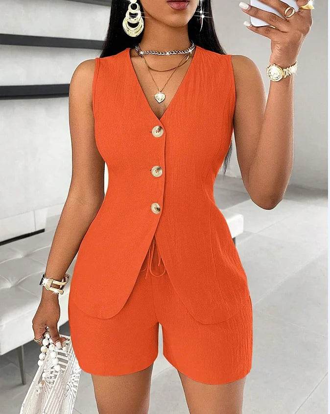 Stylish Women's V-neck Shorts Set - Solid Color, Sleeveless Design - Buy Center