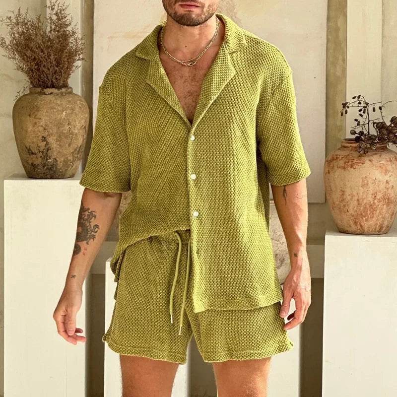 Men's Casual Summer Set - Breathable Knitted Short Sleeve Shirt & Shorts - Buy Center