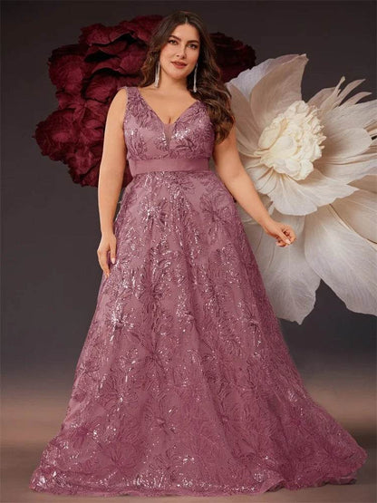 Elegant Plus Size Deep V-Neck Sequins Evening Dress - Lucy in Love - Buy Center