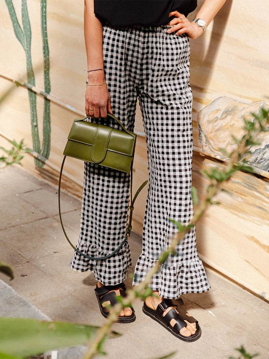 Hirigin Y2K Plaid Wide Leg Pants - Casual Ruffled Hem Trousers - Buy Center