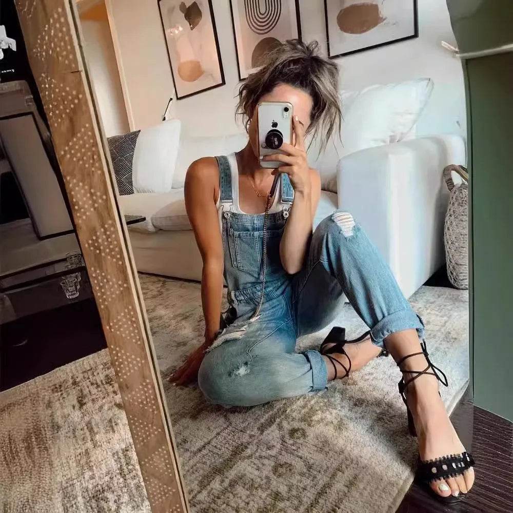 WQAFVG Women's Hole Patched Elastic Jeans Overalls - Casual Fit - Buy Center