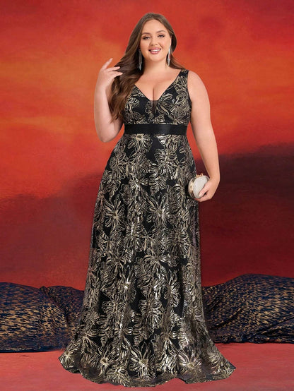 Elegant Plus Size Deep V-Neck Sequins Evening Dress - Lucy in Love - Buy Center