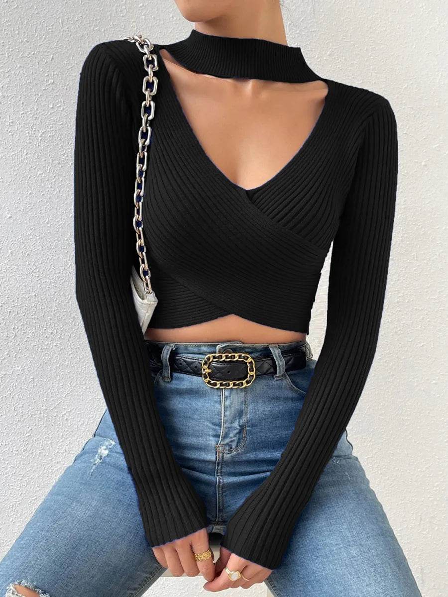 Women's Long Sleeve Choker Neck Crop Top - Casual Autumn Fashion - Buy Center