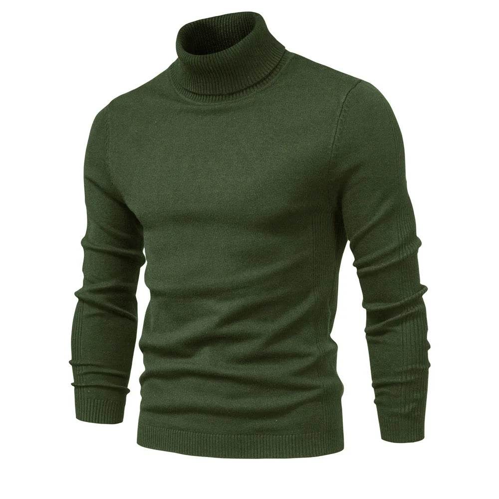 Men's Solid Color Pullover Sweater - High Neck Casual Knitwear - Buy Center
